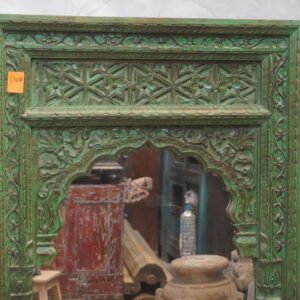Hand-Carved Antique-Style Teak Wood Mirror with Jharokha Arch