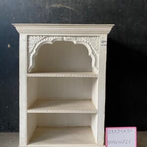 Hand Carved Distressed White Wooden Display Shelf with Mughal Arch