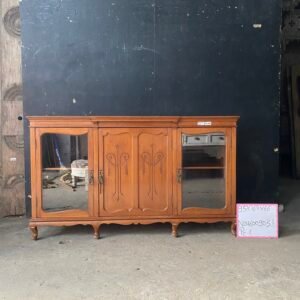 Vintage Teak Wood Sideboard with Glass Doors | Hand-Carved 3-Door Storage Cabinet