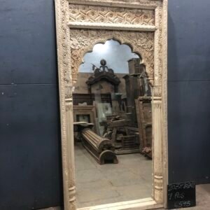 Hand-Carved Mehrab Arch Floor Mirror - Natural Wood