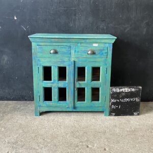 Distressed Turquoise Blue Wooden Sideboard Cabinet | Rustic 2-Drawer Storage Cupboard with Glass Doors