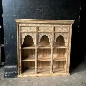 Hand Carved Solid Wood Arch Bookshelf - Vintage Indian Jharokha Cabinet