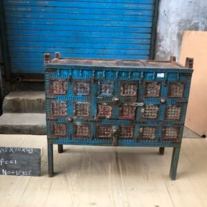 Vintage Distressed Blue Indian Carved Wooden Cabinet